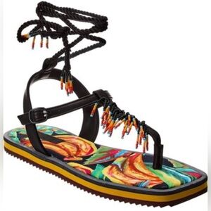 🦋New Farm Rio Black Banana Beaded Flat Sandal, Size 10